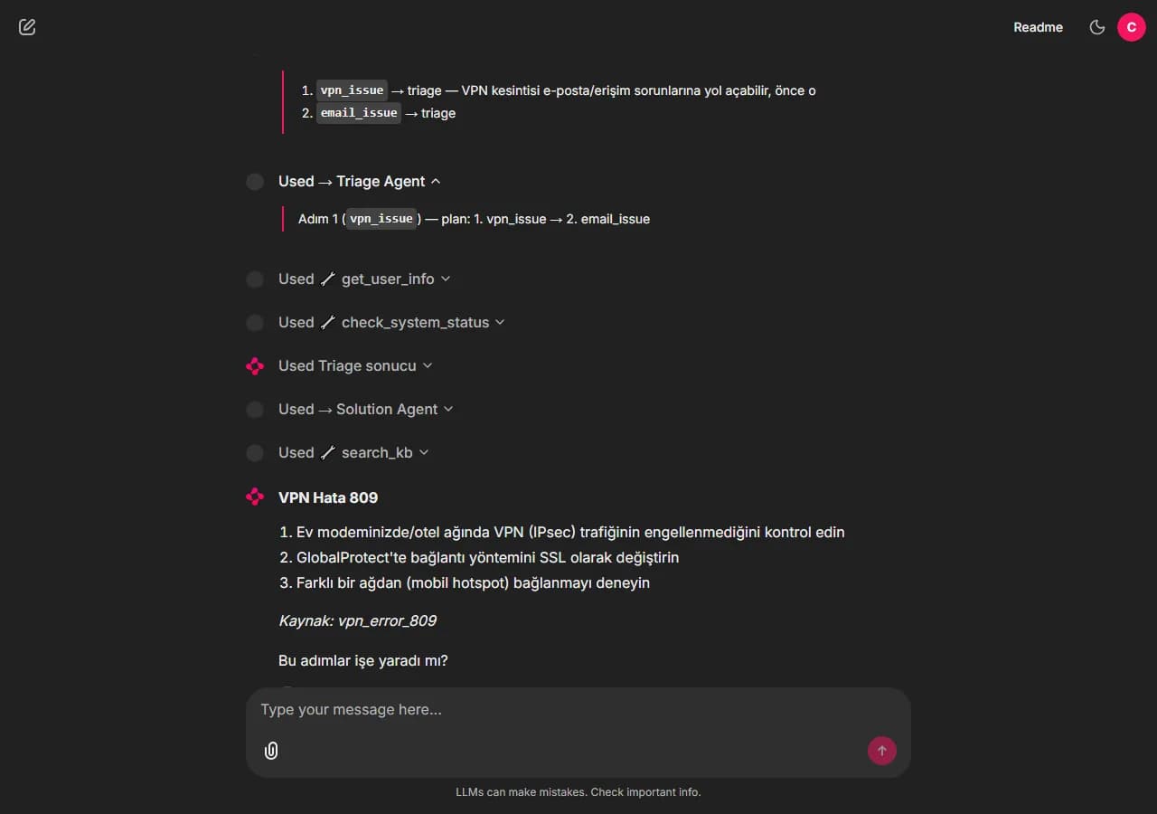 Assistant chat in Turkish: the supervisor splits a request into a VPN and an e-mail issue, the Triage and Solution agents call their tools, and the answer lists fix steps with the knowledge-base source.
