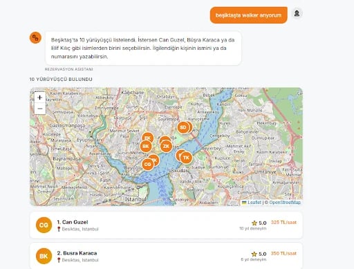 Doggo assistant (Turkish UI): asked for a walker in Beşiktaş, it lists 10 walkers on an Istanbul map with their rating, years of experience and hourly price.
