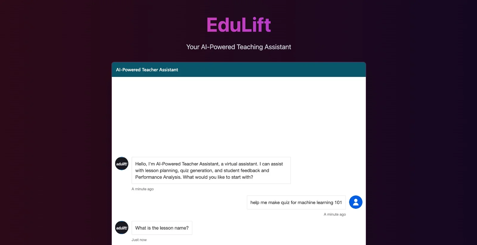 EduLift chat: a teacher asks for a quiz for Machine Learning 101 and the assistant, built on Microsoft Copilot, asks for the lesson name to tailor it.