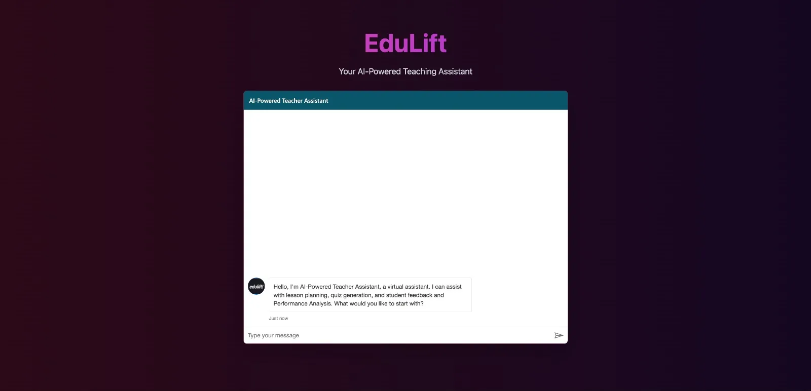 The EduLift teaching assistant chat, built on Microsoft Copilot, greeting the teacher and offering lesson planning, quiz generation, feedback and performance analysis.