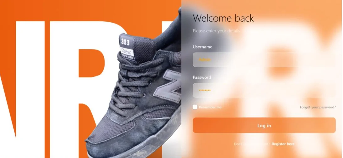 Login page of the stock management app, with username and password fields next to a sneaker photo.